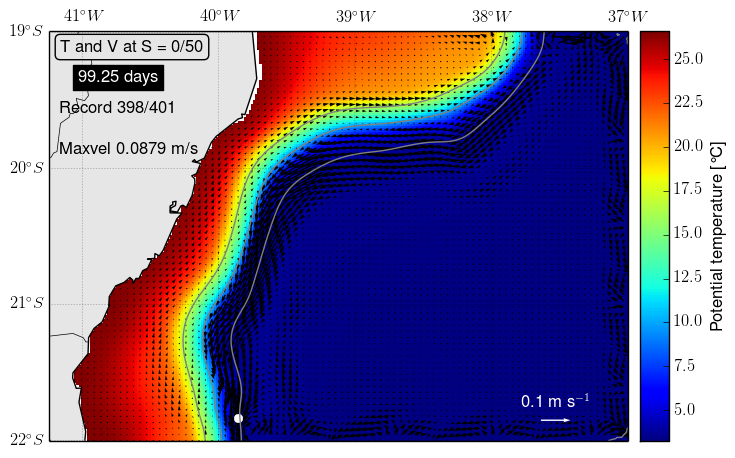 Horizontal velocity slice along the s-level where the noise is maximum (near-bottom) for day 100.