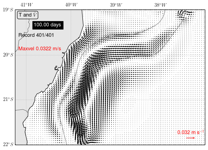 Vertically-averaged horizontal velocity map for day 100.