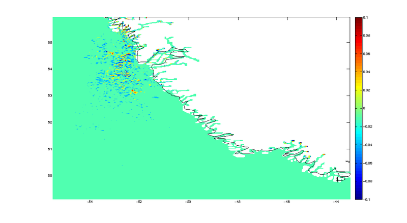 Temperature difference 132000s after model run between with-river but zero discharge and without-river run. (with constant S in river forcing)