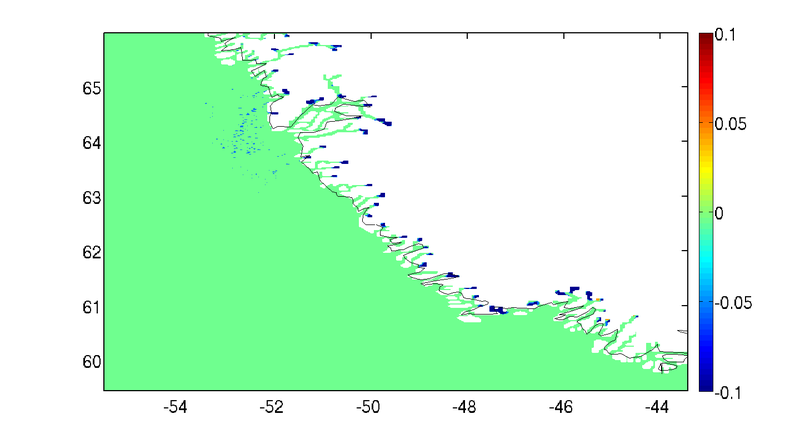 Salinity difference 132000s after model run between with-river but zero discharge and without-river run. (with S changes in river forcing)