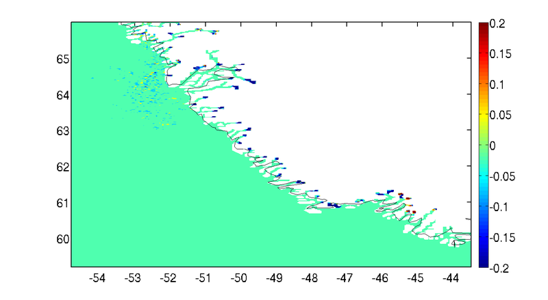 Temperature difference 132000s after model run between with-river but zero discharge and without-river run. (with S changes in river forcing)