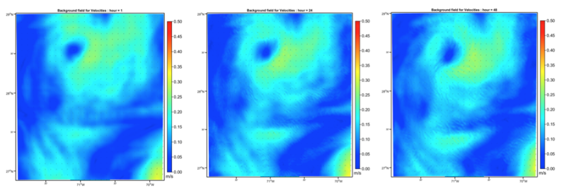 Background velocities at model level 40 for time 1 hr, 24 hr and 48 hr.