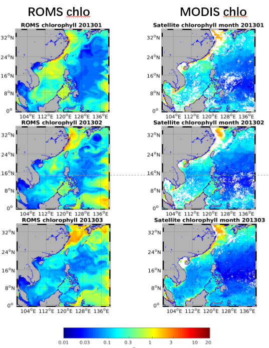Monthly averaged chlorophyll surface field (201301,201302,201303),compared with MODIS satellite data.