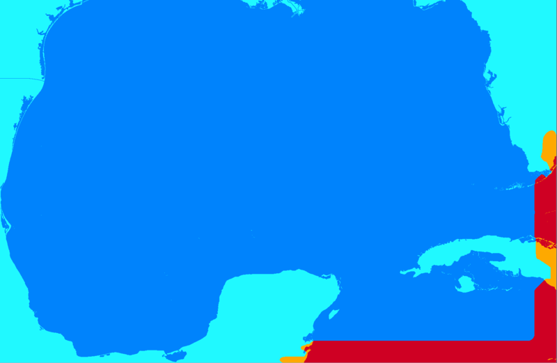 Red and orange areas are where wgt&gt;0: spilling into wet areas separated by land mask from the open boundaries is prevented, however wgt is kept smooth and differentiable.