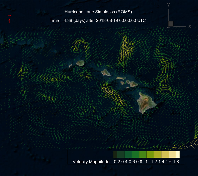 Hurricane Lane ROMS simulation from University of Hawaii. The visualization is done by Tecplot  with CMocean colormap from Kristen Thyng (TAMU).
