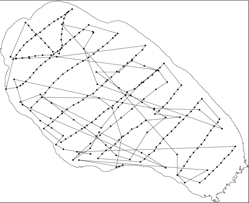 Raw data: coast line and location of measured data points for bathymetry.