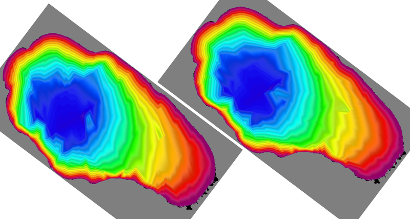 griddata(....,'linear'); Left: geographical coordinates; right in conformal. (these plots corresponds to triangulations shown above.