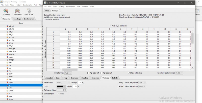 data when switched to array 1 tab in panoply for 'u' variable