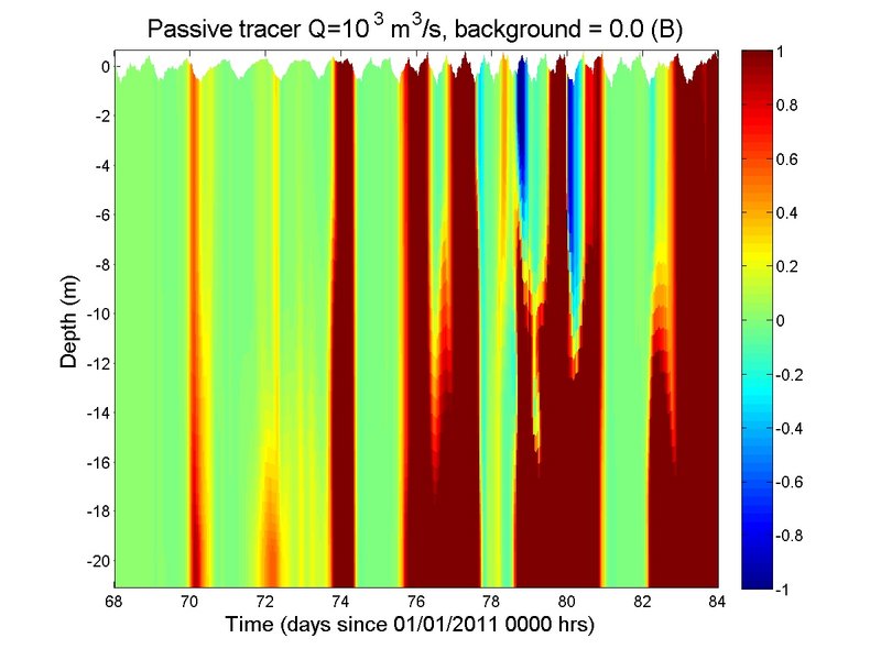 Figure 3.  Hovmoller plot for river transport = 1000 m3/s and Vshape = [zw(k)-zw(k-1)]/H.