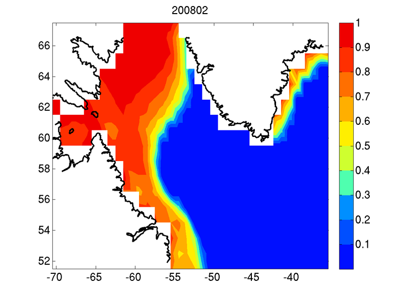 Sea ice distribution in 2008 February, from MetOffice data.