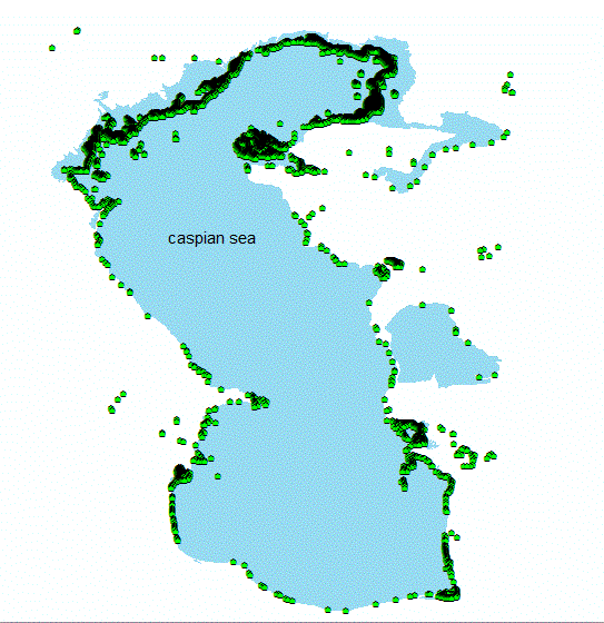 Caspian sea area. points show position of points with zero value