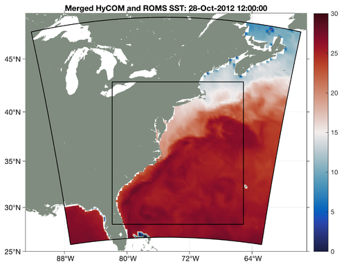 Merged HyCOM-ROMS SST 2012-10-28.png